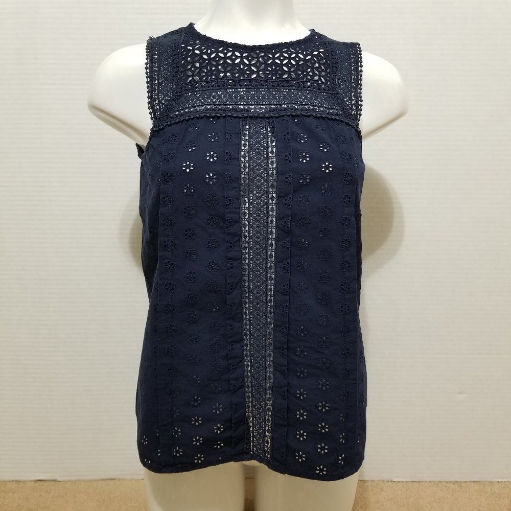 J.Crew top 6 unlined floral eyelet lace crochet pom trim keyhole boho cotton